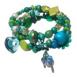 Whimsical Handmade 3 Wrap Memory Wire Bracelet in Mermaid Colors Green and Blue